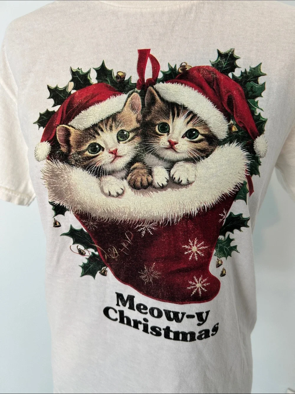 Urban Outfitters White Holiday Cat Tee with Red & Green Kitten Graphic